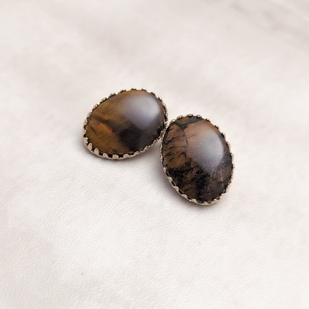 Vintage Clip On Earrings Stylish Glam Brown Tones Oval Statement Earrings